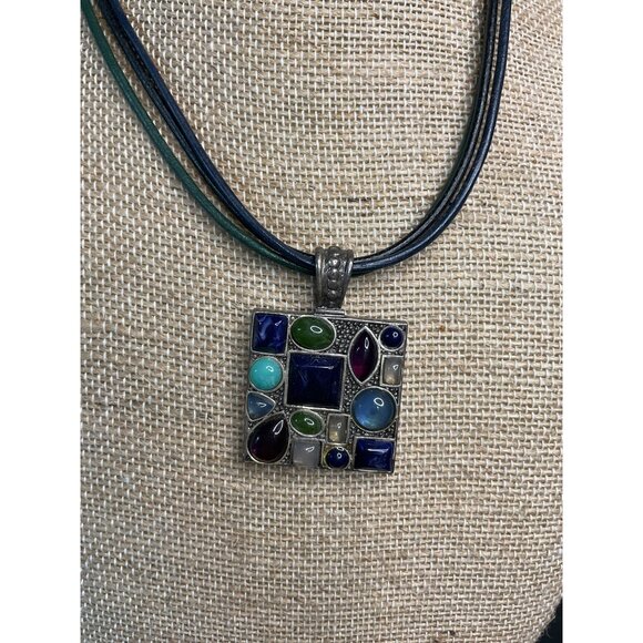 Silver Tone Pendant with Blue Purple Green Rhinestones Corded Lobster Claw with - Picture 2 of 5